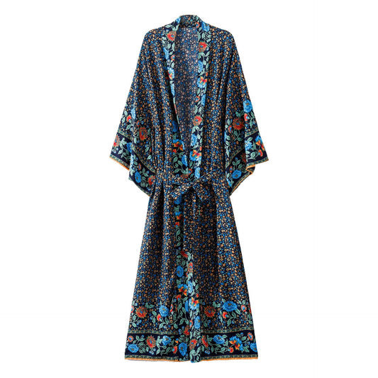 Women's Bohemian Style Black Blue Floral Print Kimono Robe