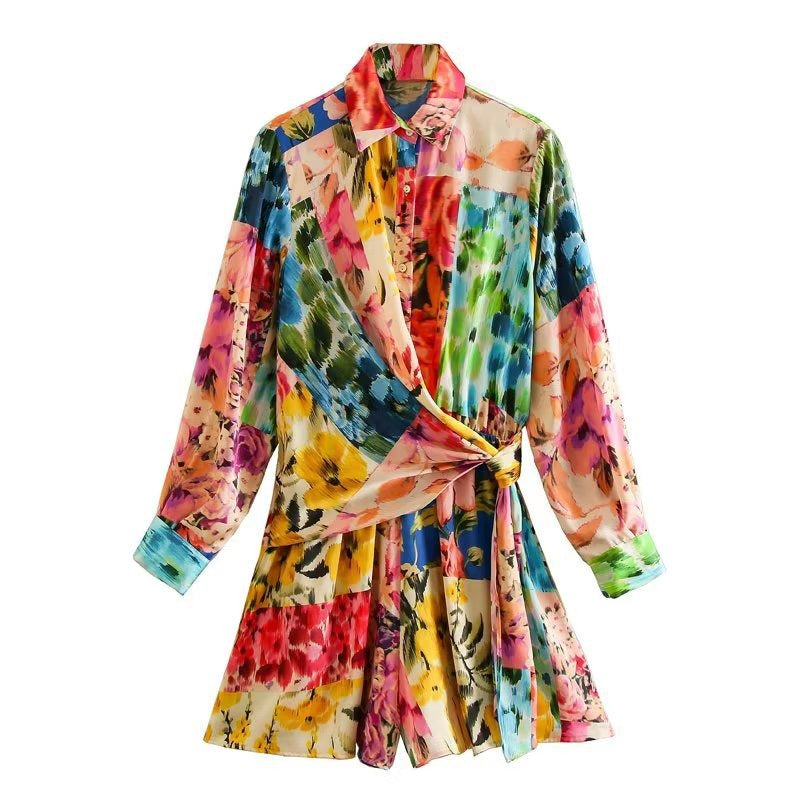 Women's Floral Rainbow Paint Print Wrap Tie Playsuit