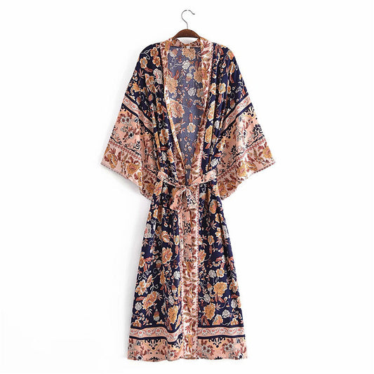 Women's Bohemian Style Navy Peach Flower Print Kimono Robe
