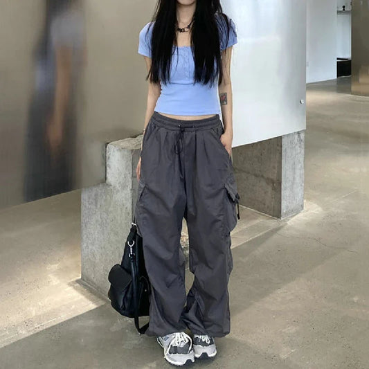 Women Casual Cargo Pant Solid Low Waist Drawstring Big Pockets Wide Leg Baggy Trousers Female