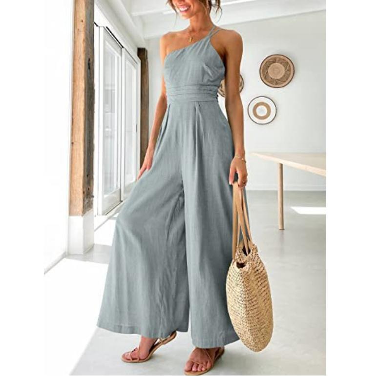 Women's Solid Colour Linen Jumpsuit Camisole Sleeveless One Shoulder Fitted Waist Wide Leg Trendy Outfit