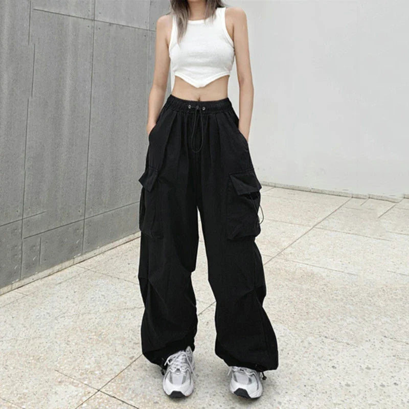 Women Casual Cargo Pant Solid Low Waist Drawstring Big Pockets Wide Leg Baggy Trousers Female