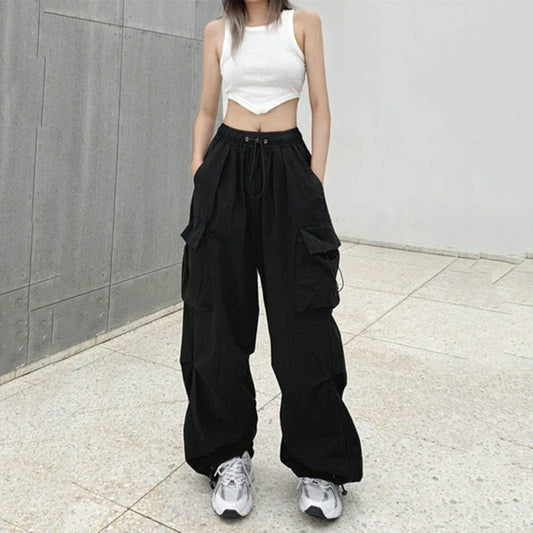 Women Casual Cargo Pant Solid Low Waist Drawstring Big Pockets Wide Leg Baggy Trousers Female
