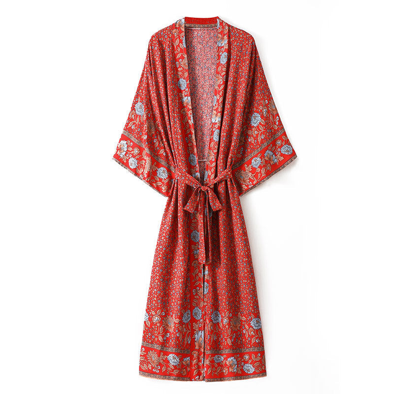 Women's Bohemian Style Red Floral Print Kimono Robe