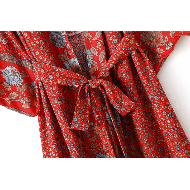 Women's Bohemian Style Red Floral Print Kimono Robe