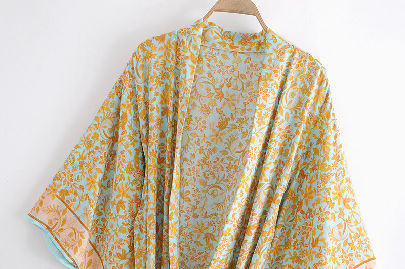 Women's Bohemian Style Yellow Turquoise Floral Print Kimono Robe