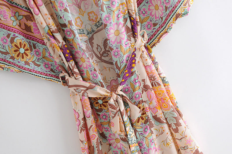 Women's Bohemian Pink Floral Kimono Robe