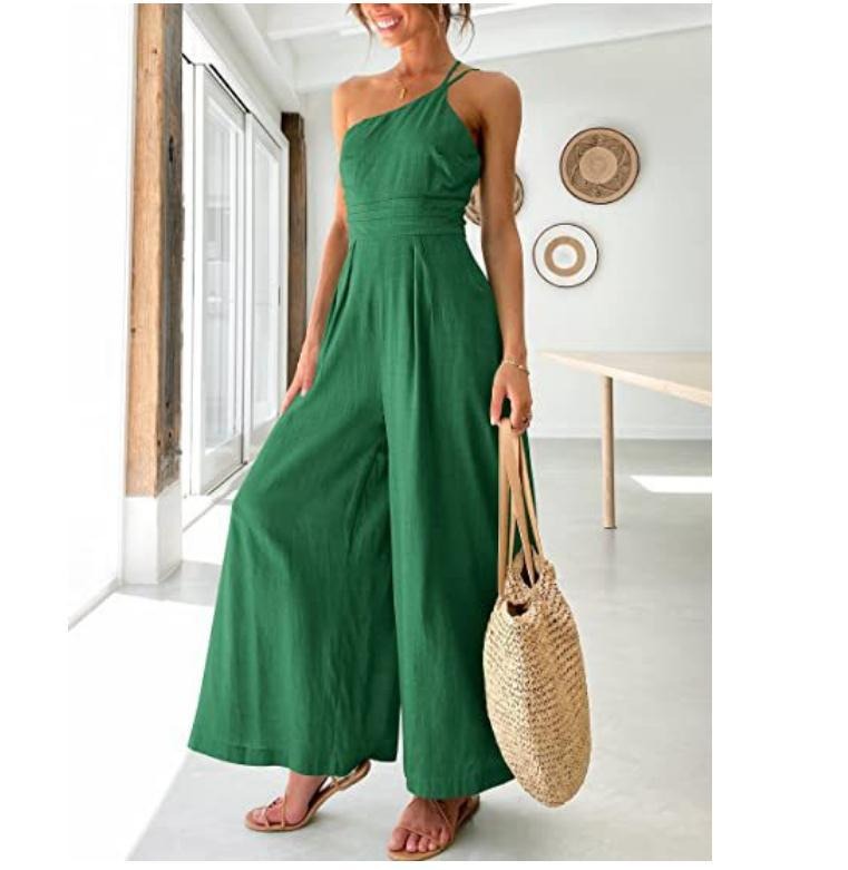 Women's Solid Colour Linen Jumpsuit Camisole Sleeveless One Shoulder Fitted Waist Wide Leg Trendy Outfit