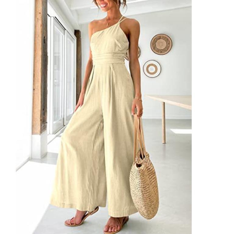 Women's Solid Colour Linen Jumpsuit Camisole Sleeveless One Shoulder Fitted Waist Wide Leg Trendy Outfit