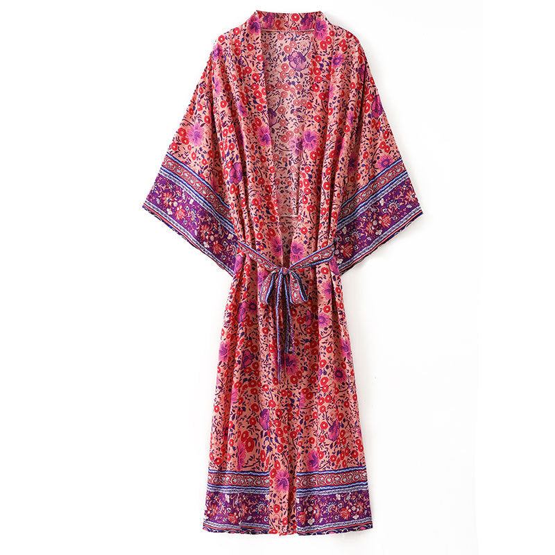 Women's Bohemian Pink Purple Floral Print Kimono Robe