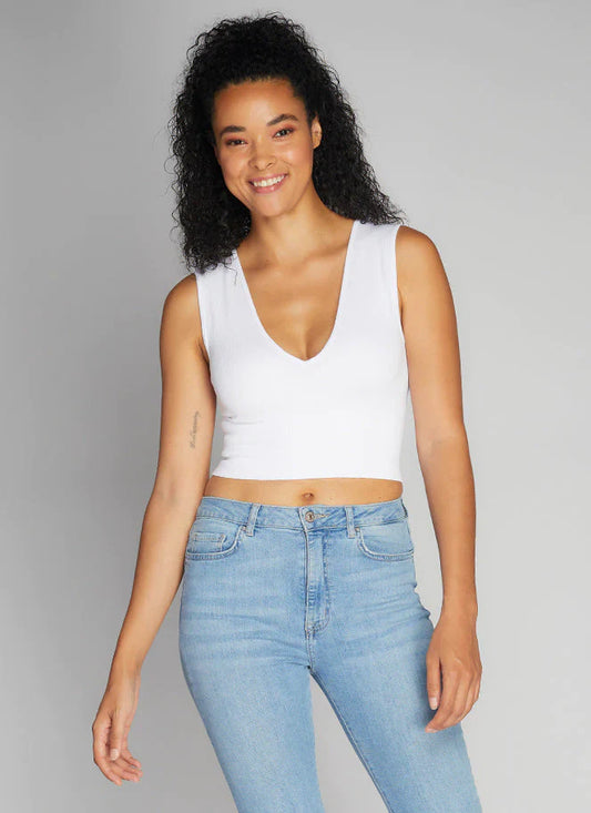 WOMEN'S C'EST MOI BAMBOO DEEP V RIB TOP/ WHITE