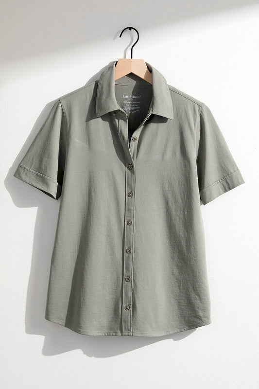 Women's 100% Organic Cotton Short Sleeve Knit Button Down Shirt