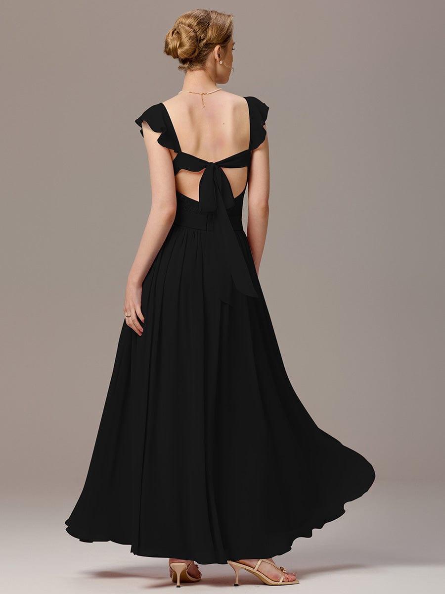 ever BELISSE|Pleated Back-Tie Ruffle Sleeves Maxi Bridesmaid Dress with Lace Details