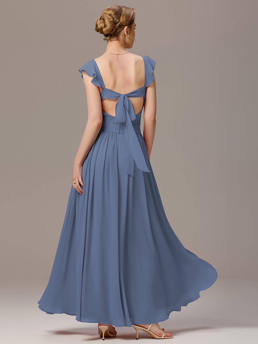 ever BELISSE|Pleated Back-Tie Ruffle Sleeves Maxi Bridesmaid Dress with Lace Details