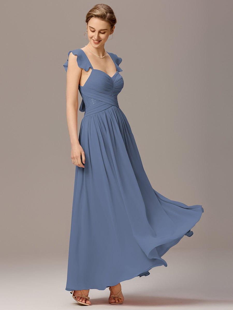 ever BELISSE|Pleated Back-Tie Ruffle Sleeves Maxi Bridesmaid Dress with Lace Details
