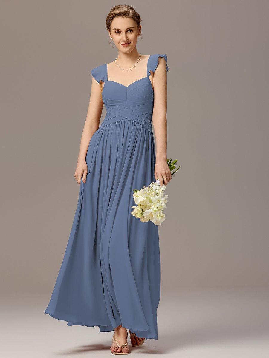 ever BELISSE|Pleated Back-Tie Ruffle Sleeves Maxi Bridesmaid Dress with Lace Details