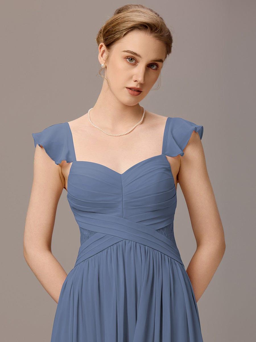 ever BELISSE|Pleated Back-Tie Ruffle Sleeves Maxi Bridesmaid Dress with Lace Details