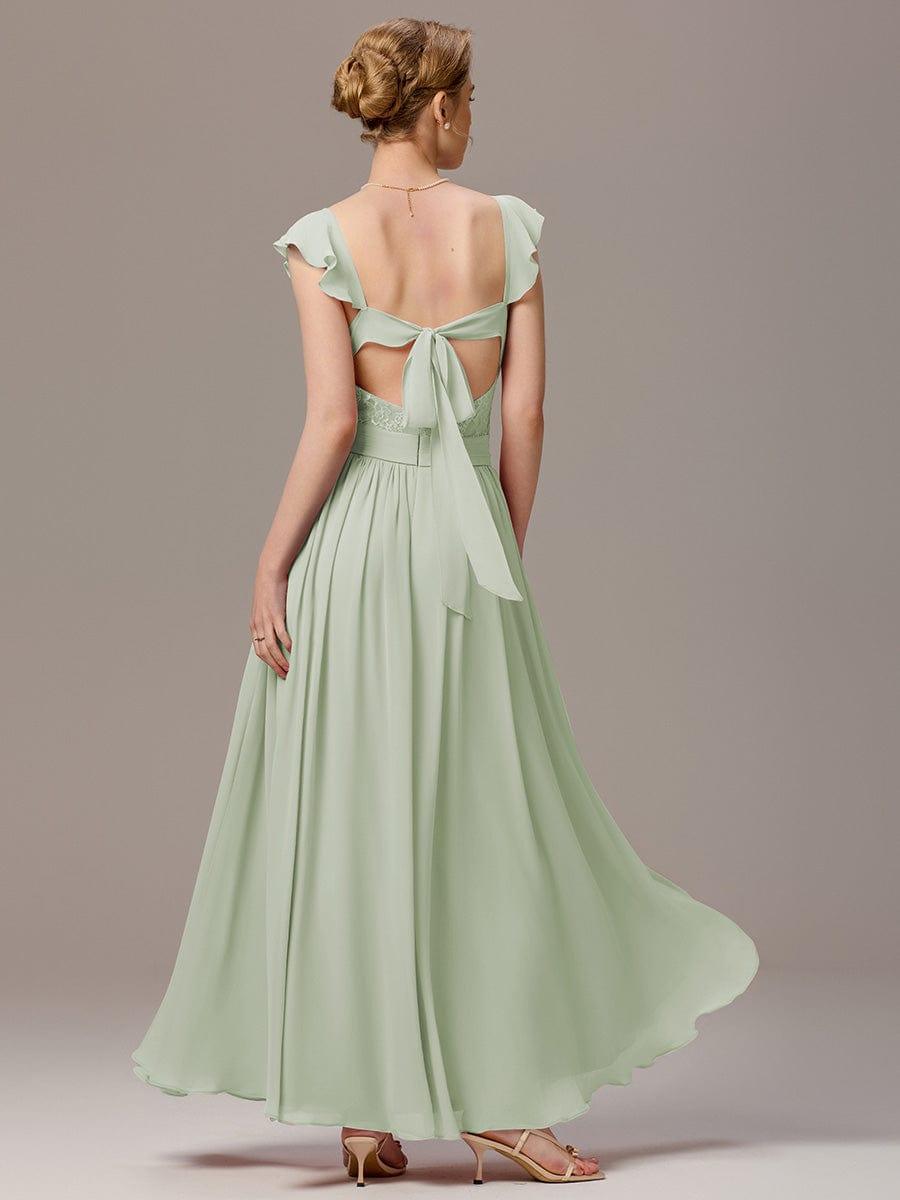 ever BELISSE|Pleated Back-Tie Ruffle Sleeves Maxi Bridesmaid Dress with Lace Details