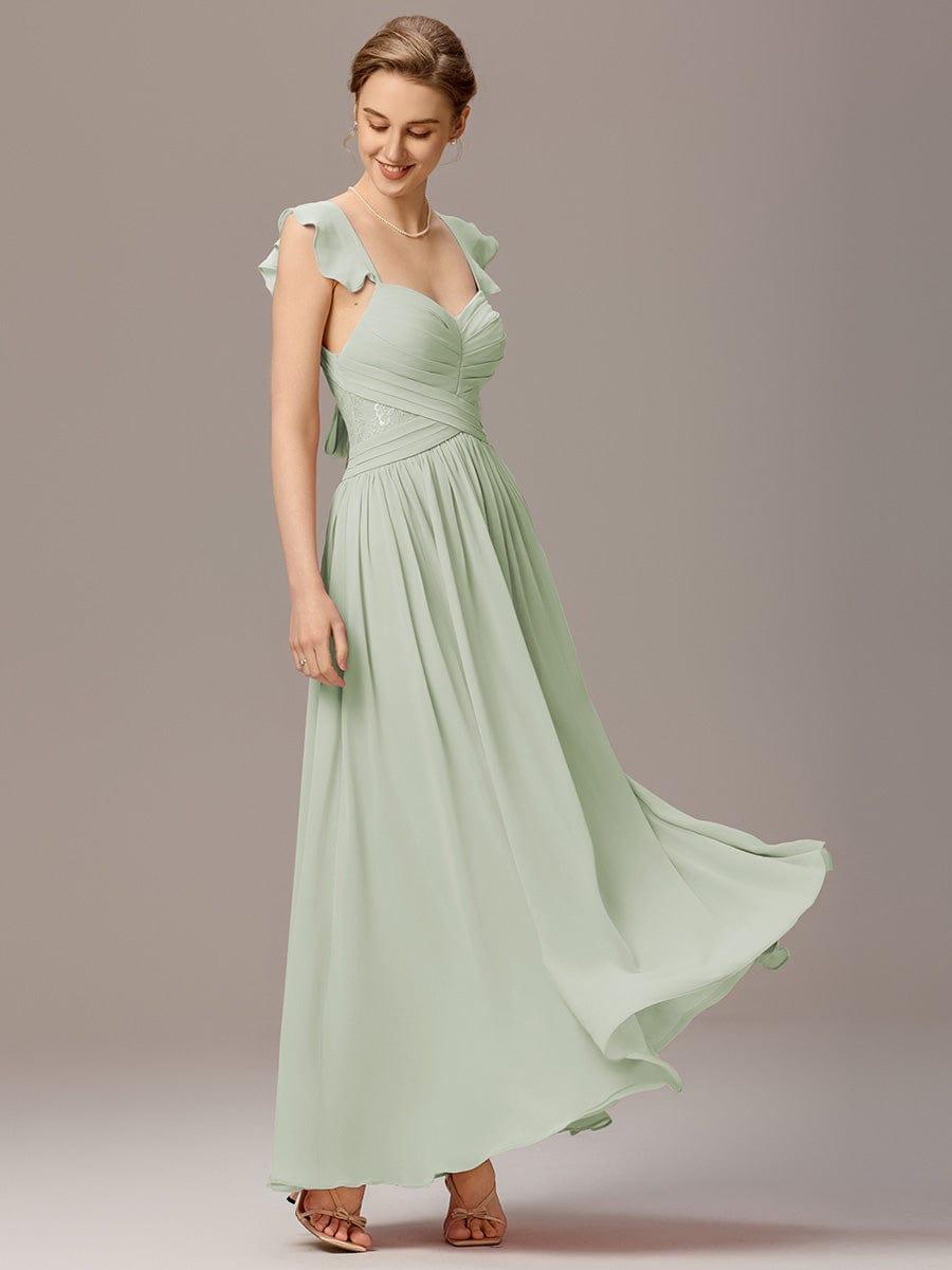 ever BELISSE|Pleated Back-Tie Ruffle Sleeves Maxi Bridesmaid Dress with Lace Details