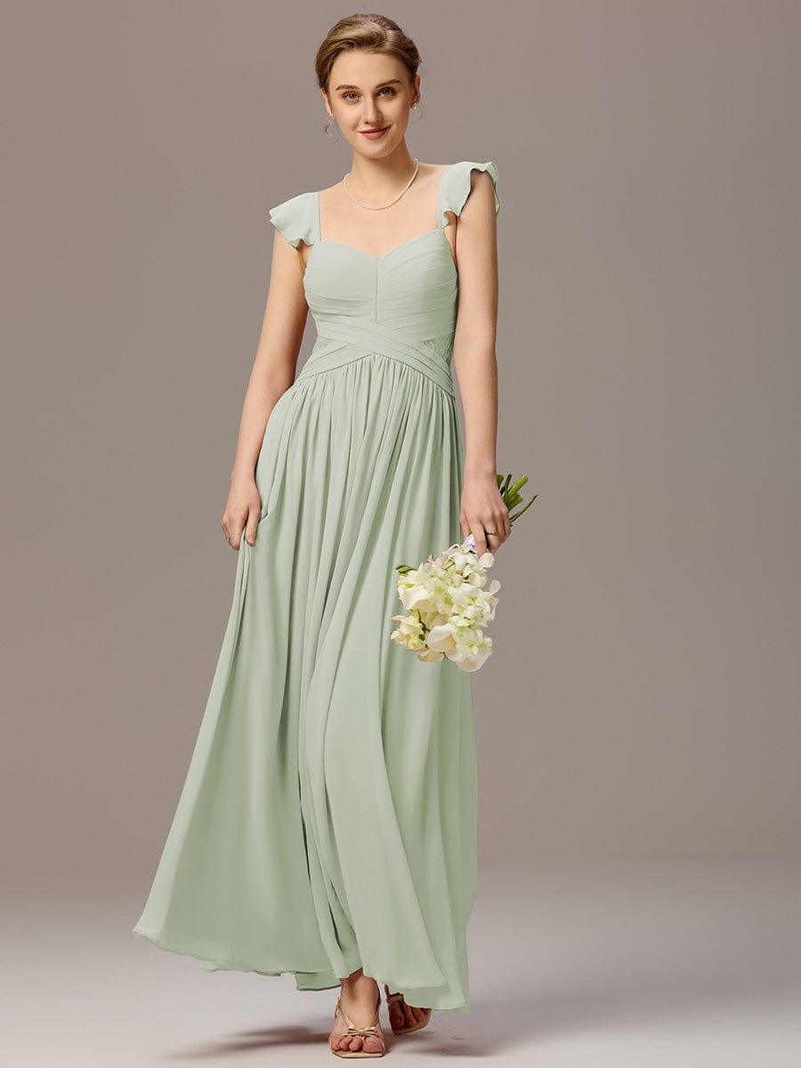 ever BELISSE|Pleated Back-Tie Ruffle Sleeves Maxi Bridesmaid Dress with Lace Details