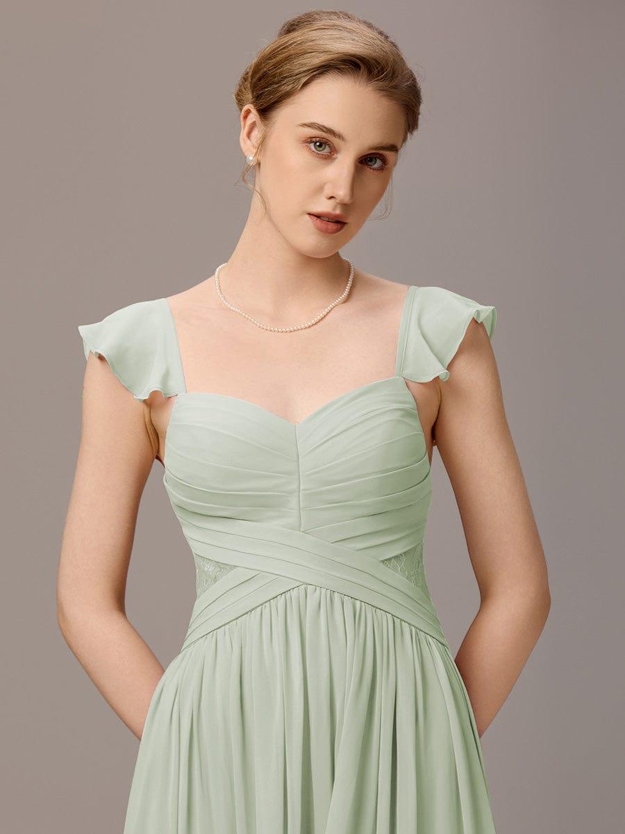 ever BELISSE|Pleated Back-Tie Ruffle Sleeves Maxi Bridesmaid Dress with Lace Details