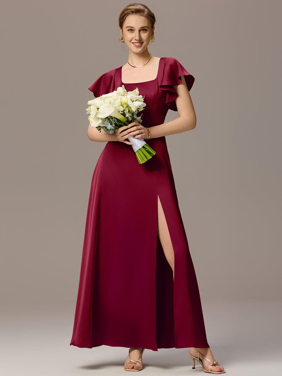 ever BELISSE|Designer Satin Square Neck Short Sleeve Ruffled Maxi Bridesmaid Dress With Pockets