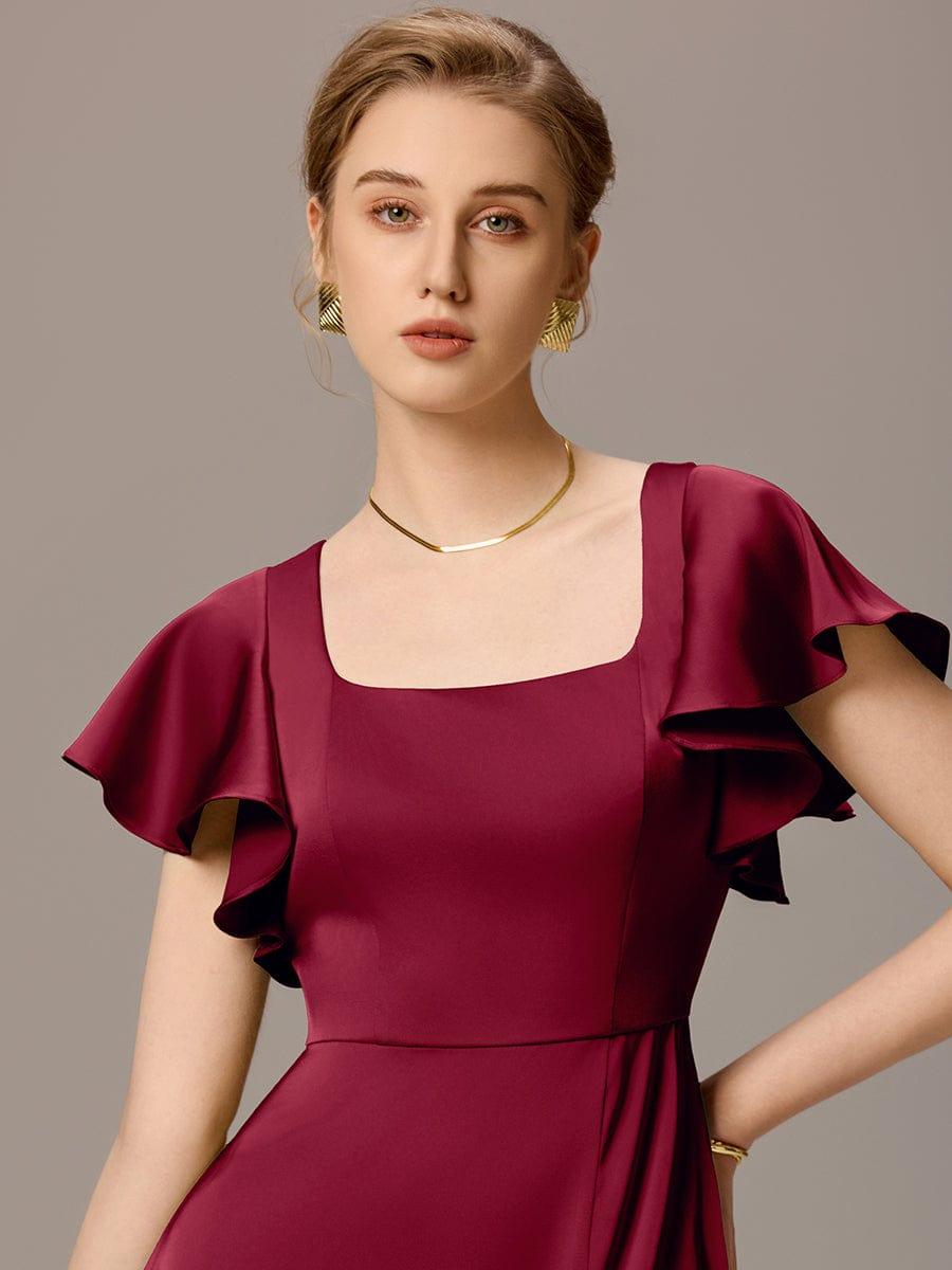 ever BELISSE|Designer Satin Square Neck Short Sleeve Ruffled Maxi Bridesmaid Dress With Pockets
