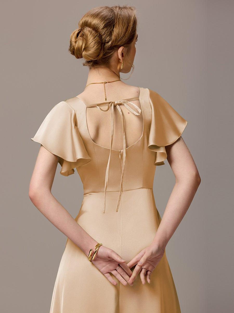 ever BELISSE|Designer Satin Square Neck Short Sleeve Ruffled Maxi Bridesmaid Dress With Pockets