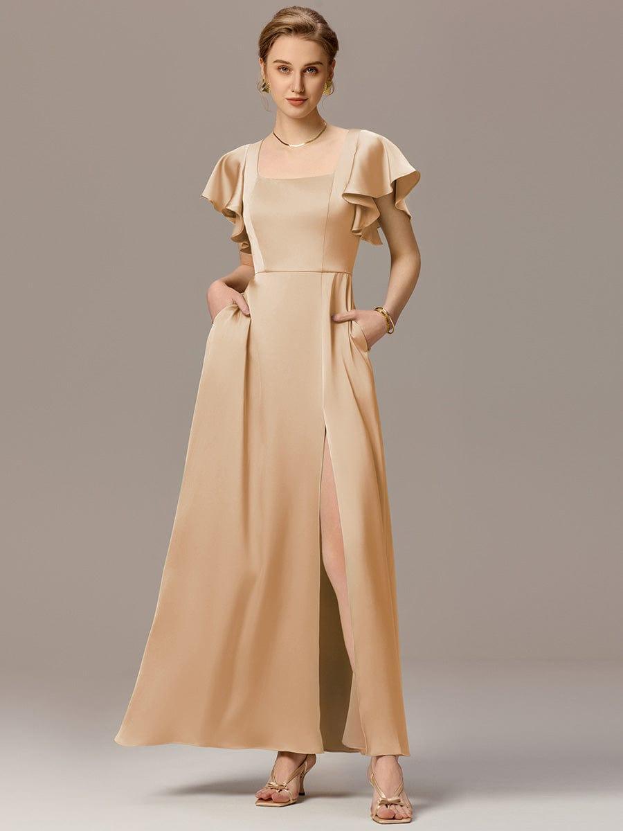 ever BELISSE|Designer Satin Square Neck Short Sleeve Ruffled Maxi Bridesmaid Dress With Pockets