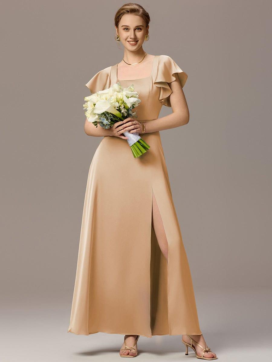 ever BELISSE|Designer Satin Square Neck Short Sleeve Ruffled Maxi Bridesmaid Dress With Pockets