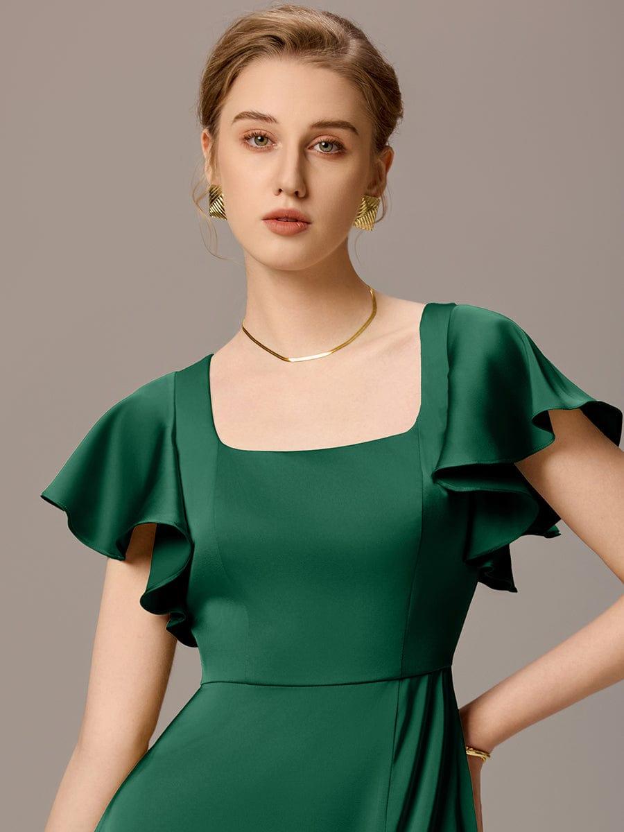 ever BELISSE|Designer Satin Square Neck Short Sleeve Ruffled Maxi Bridesmaid Dress With Pockets