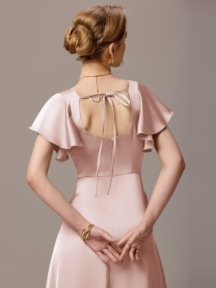 ever BELISSE|Designer Satin Square Neck Short Sleeve Ruffled Maxi Bridesmaid Dress With Pockets