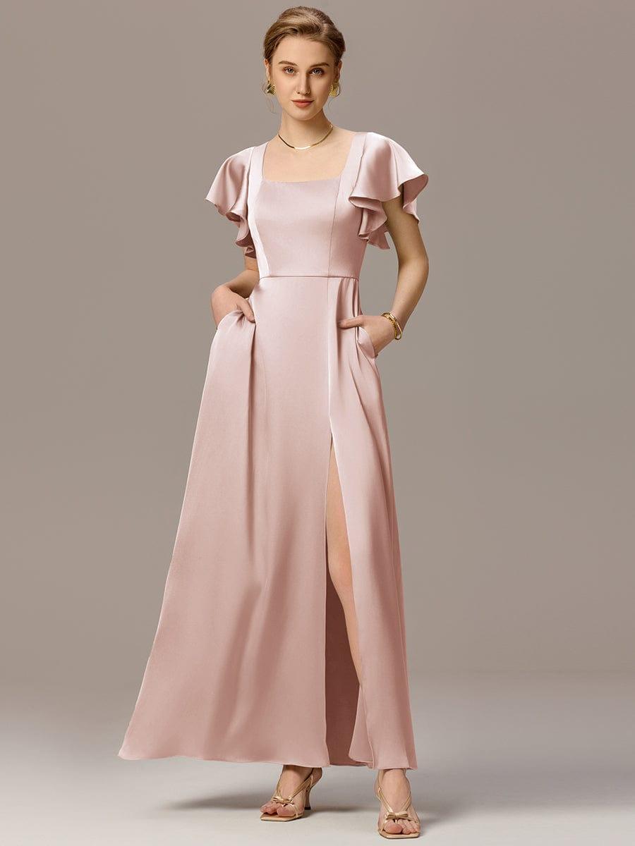 ever BELISSE|Designer Satin Square Neck Short Sleeve Ruffled Maxi Bridesmaid Dress With Pockets