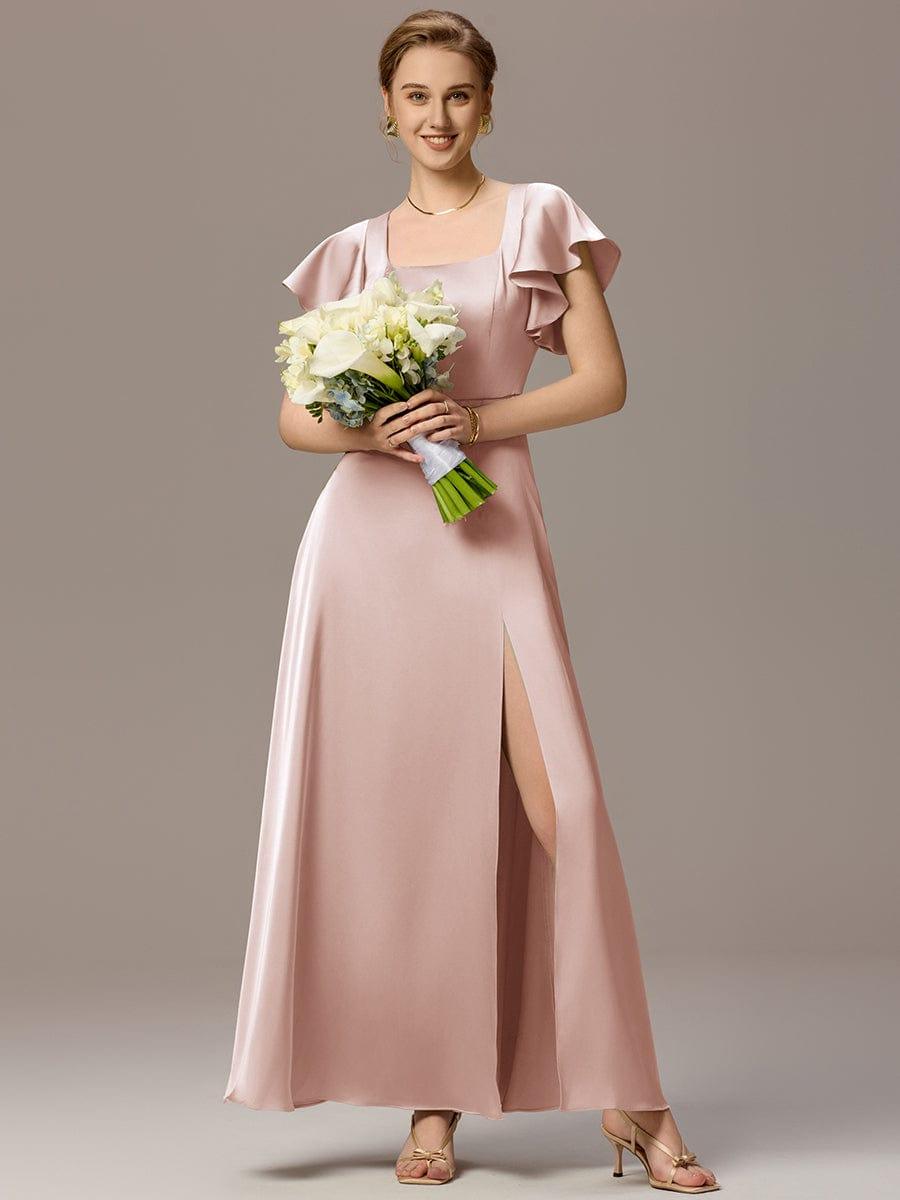 ever BELISSE|Designer Satin Square Neck Short Sleeve Ruffled Maxi Bridesmaid Dress With Pockets