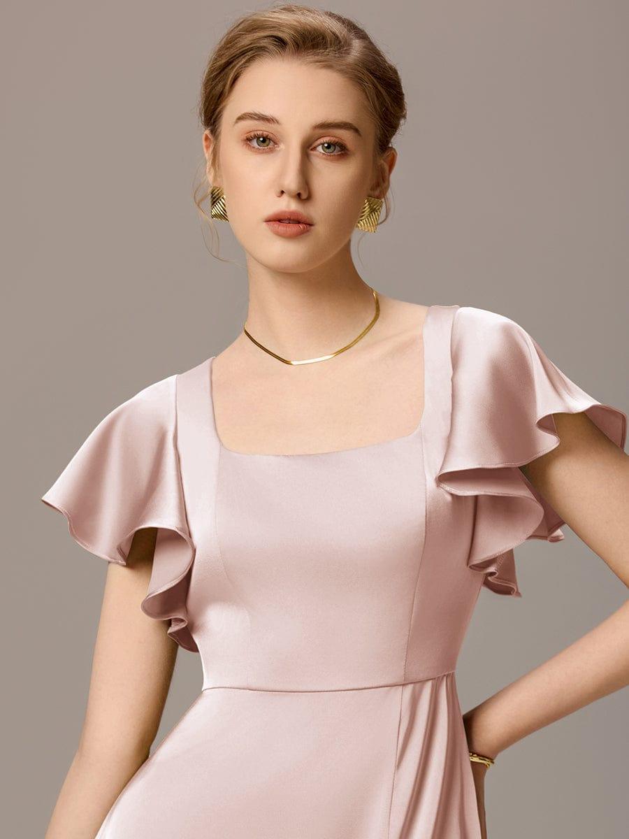 ever BELISSE|Designer Satin Square Neck Short Sleeve Ruffled Maxi Bridesmaid Dress With Pockets