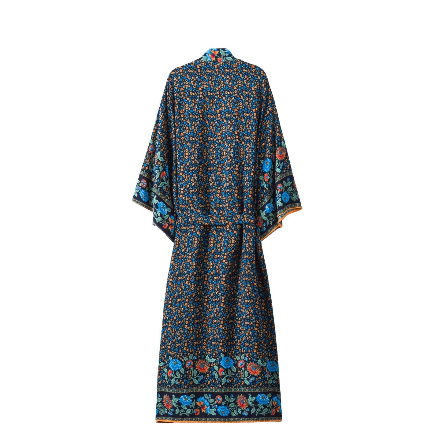 Women's Bohemian Style Black Blue Floral Print Kimono Robe