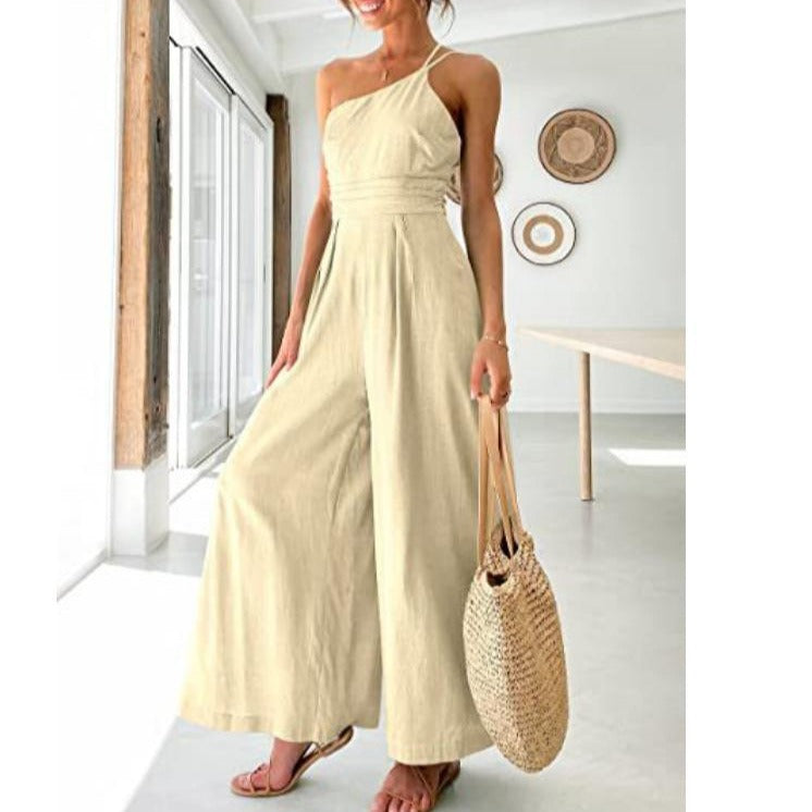 Women's Solid Colour Linen Jumpsuit Camisole Sleeveless One Shoulder Fitted Waist Wide Leg Trendy Outfit