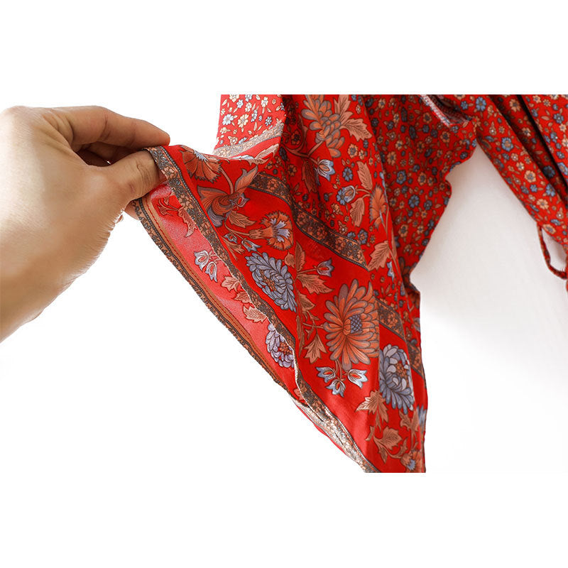 Women's Bohemian Style Red Floral Print Kimono Robe