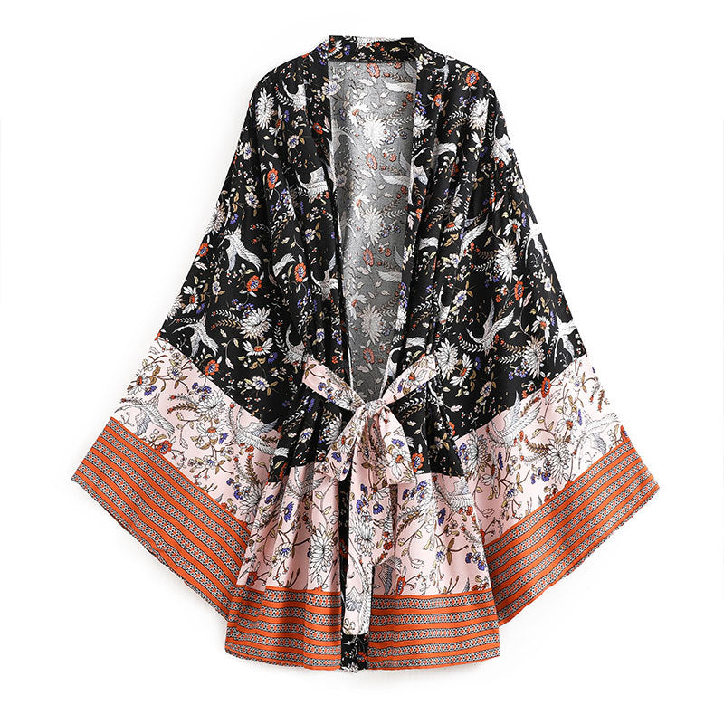 Women's Bohemian Style Black Pink Floral Bird Print Kimono Robe