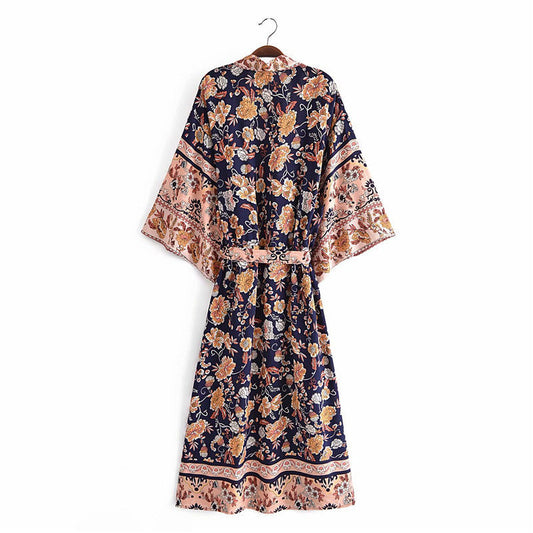 Women's Bohemian Style Navy Peach Flower Print Kimono Robe