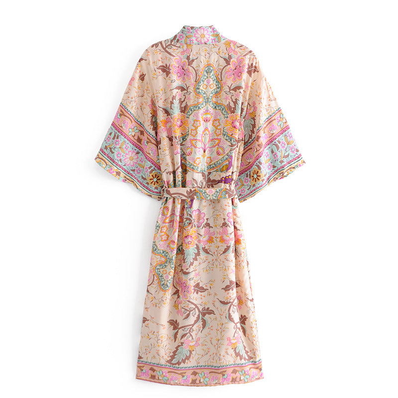 Women's Bohemian Pink Floral Kimono Robe