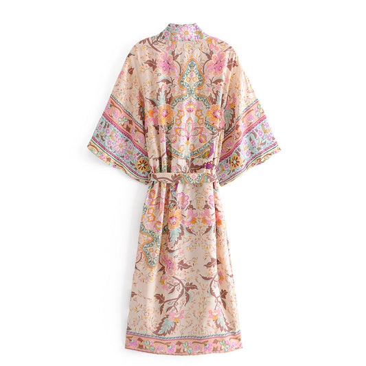 Women's Bohemian Pink Floral Kimono Robe