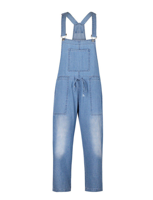 Women's Denim Jumpsuit Drawstring Waist with Pockets Dungarees