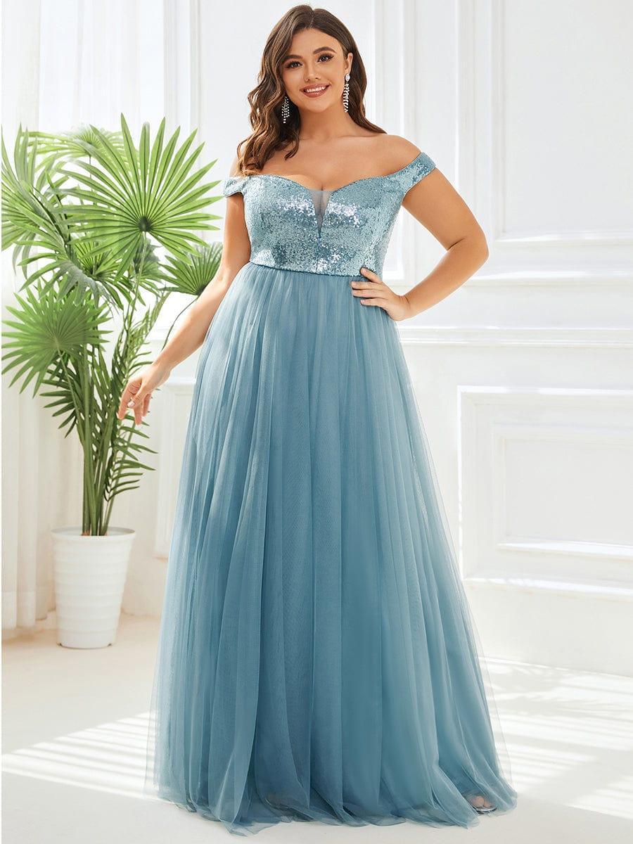 Off Shoulder Tulle & Sequin Sleeveless Evening Dress(Final Sale)