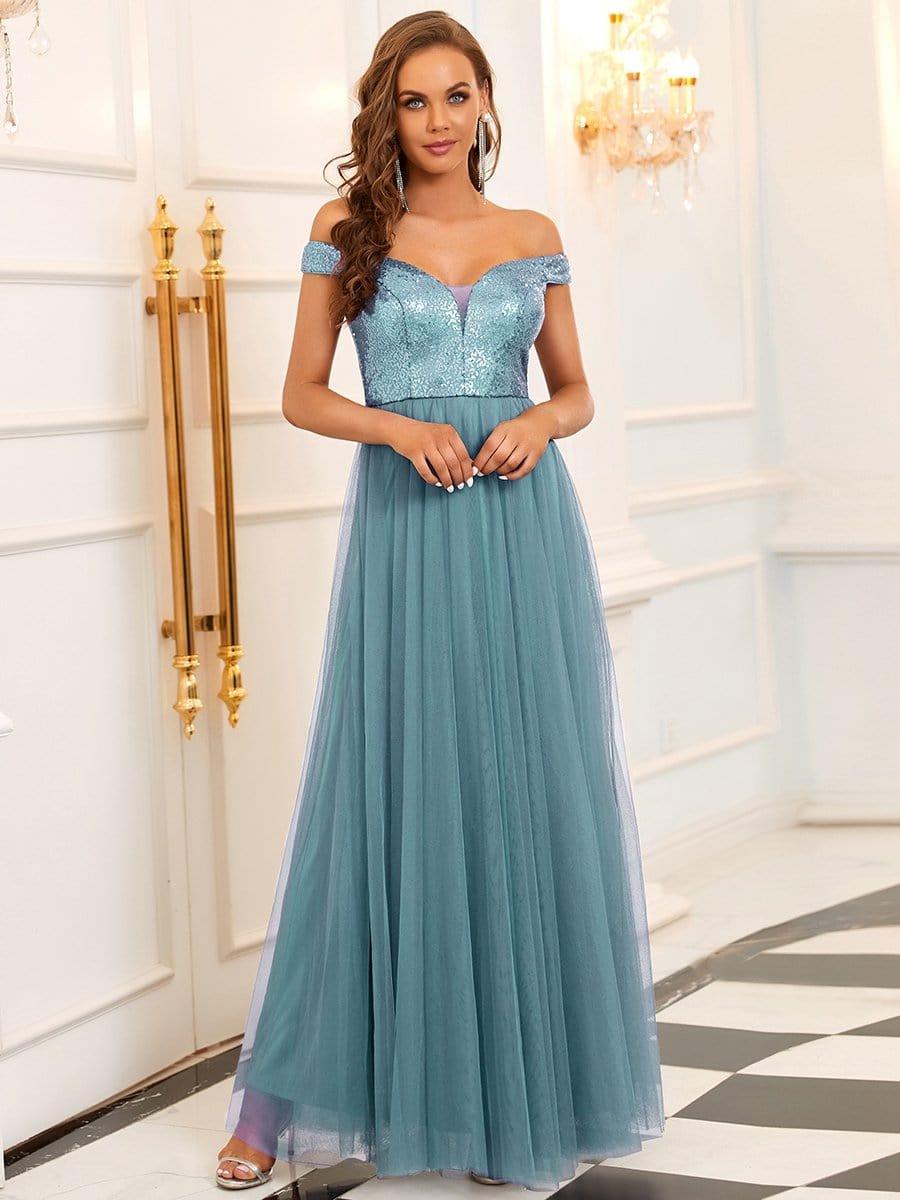 Off Shoulder Tulle & Sequin Sleeveless Evening Dress(Final Sale)
