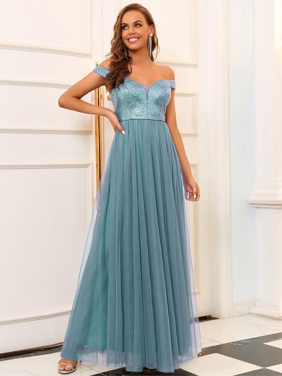 Off Shoulder Tulle & Sequin Sleeveless Evening Dress(Final Sale)