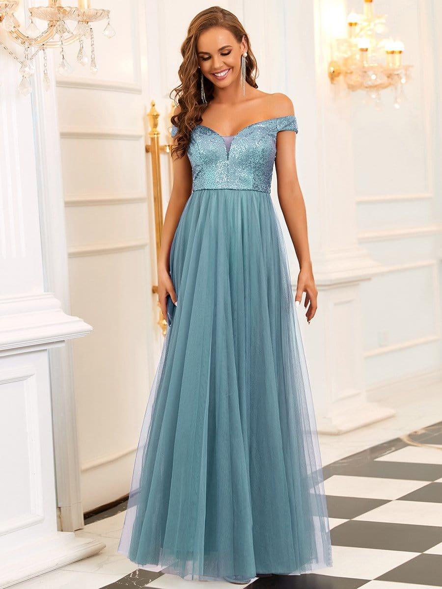 Off Shoulder Tulle & Sequin Sleeveless Evening Dress(Final Sale)
