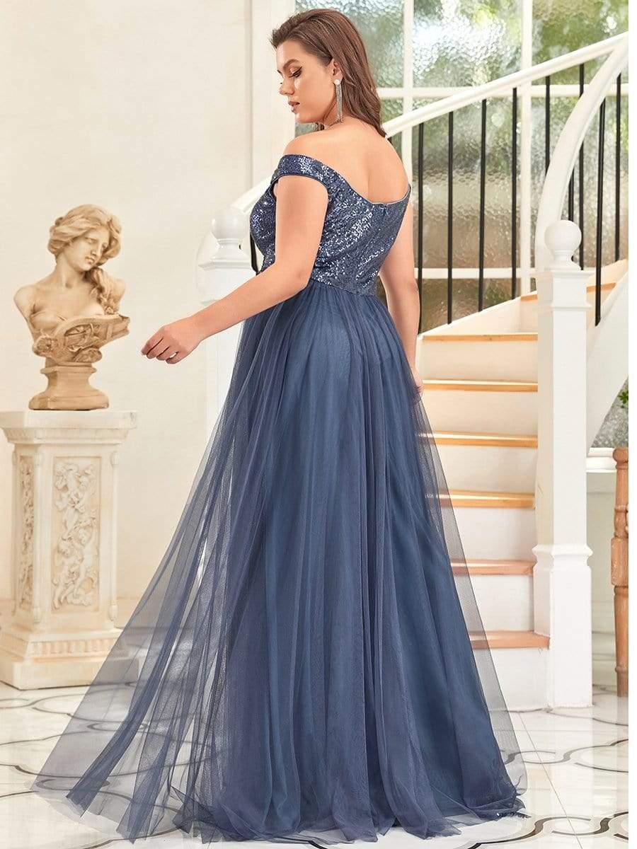 Off Shoulder Tulle & Sequin Sleeveless Evening Dress(Final Sale)
