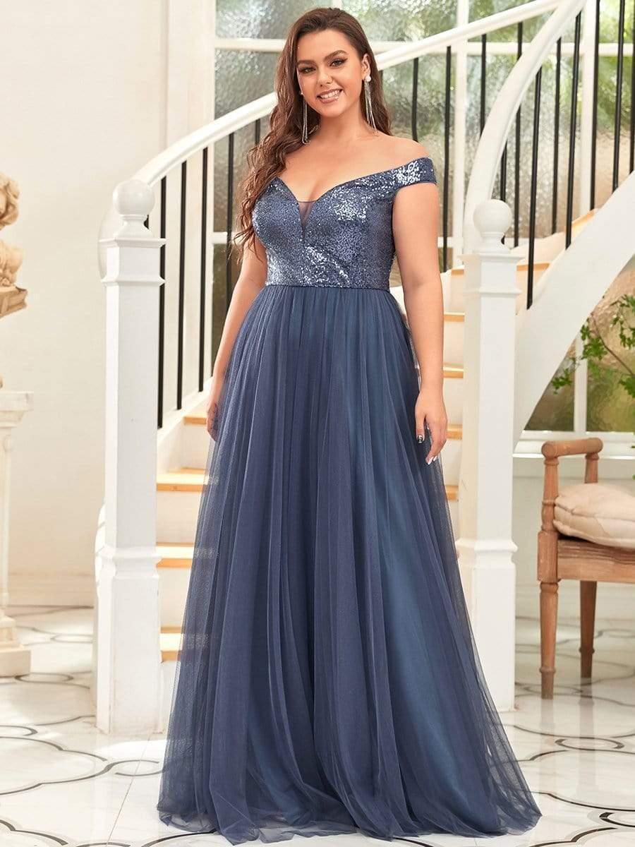 Off Shoulder Tulle & Sequin Sleeveless Evening Dress(Final Sale)