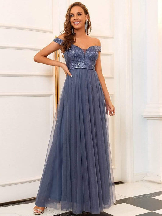 Off Shoulder Tulle & Sequin Sleeveless Evening Dress(Final Sale)